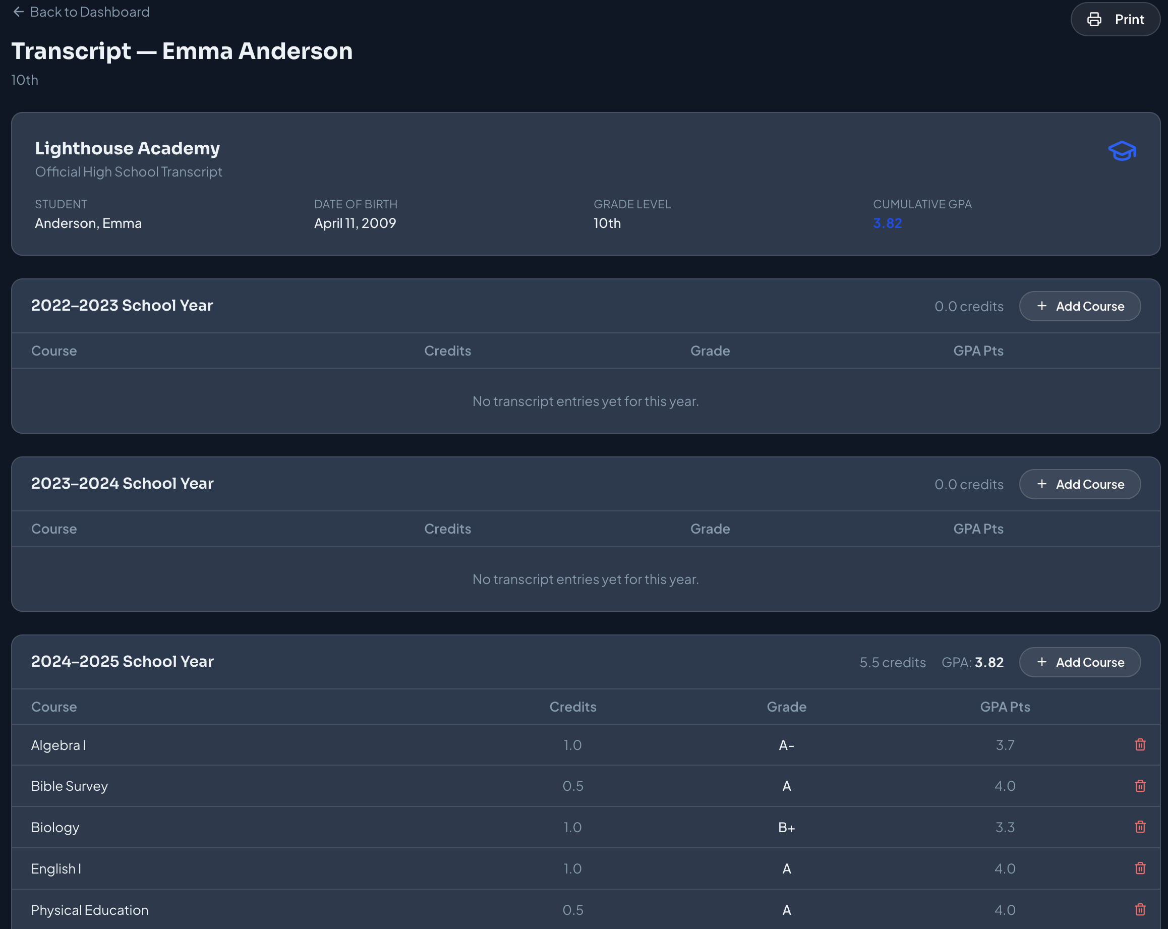 EdPort high school transcript view with GPA calculations and credit tracking